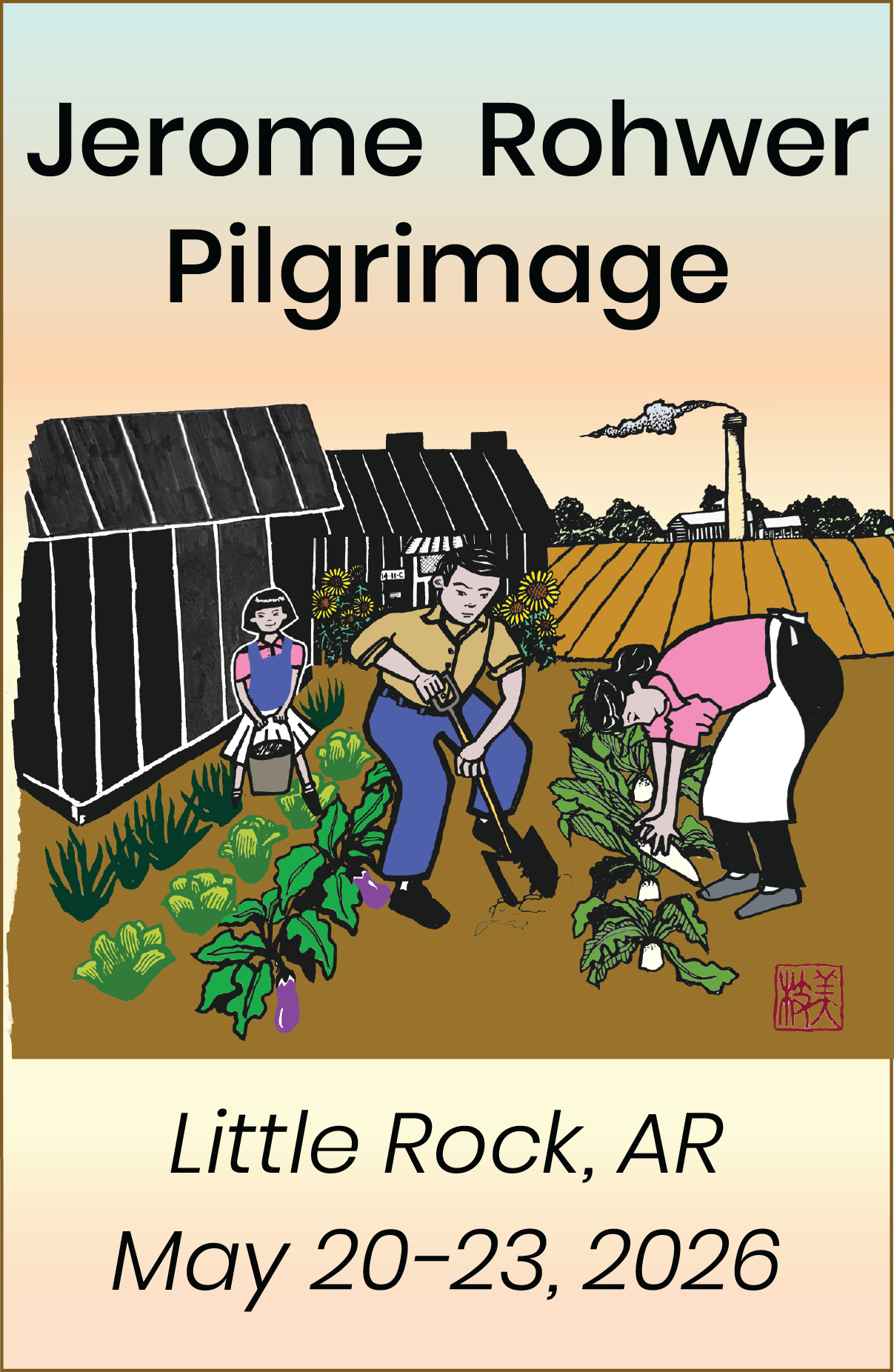 Block print showing family gardening next to a barrack.  A smokestack is in the background