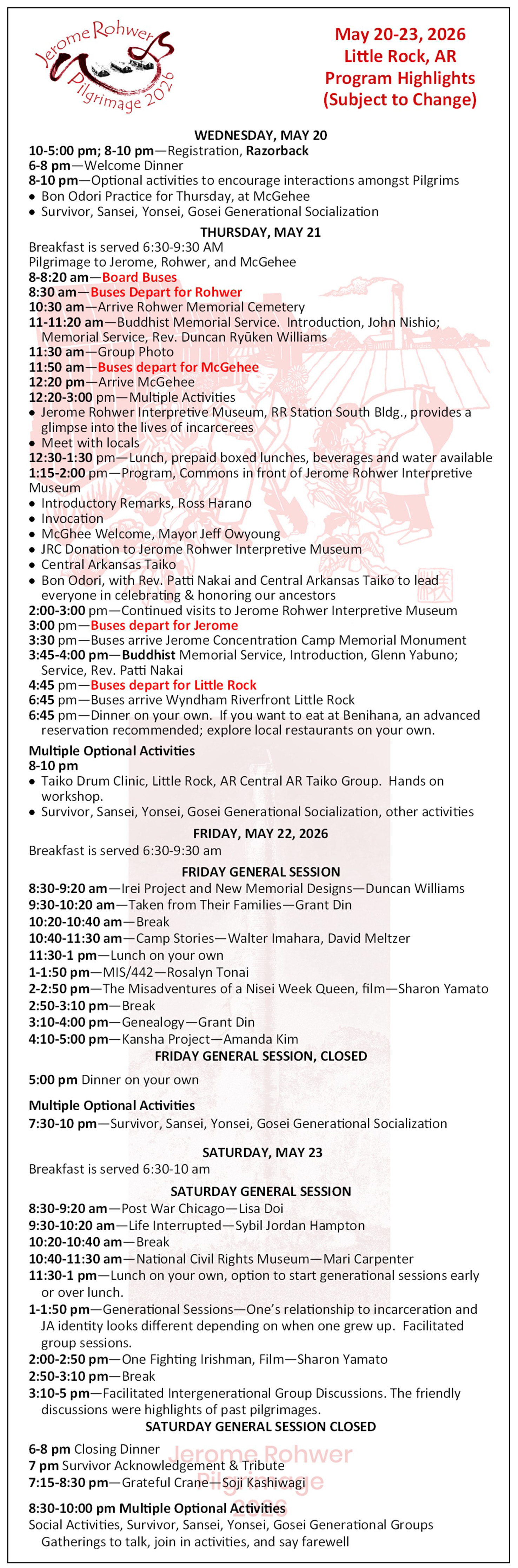 2026 Program Summary, subject to change