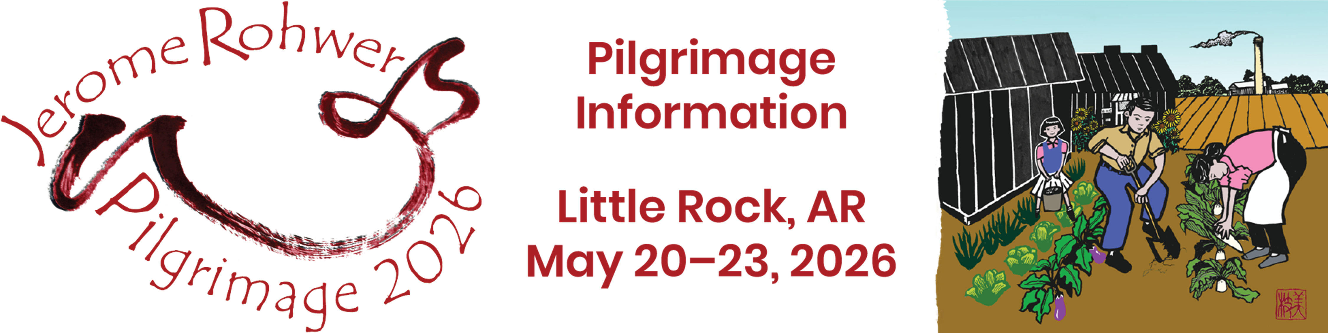 Graphic of family in garden next to an old barrack. In the background are trees and an old smokestack. It is stylized to look like a block print